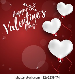Valentine's Day background of a group of white heart balloons with ribbon and Happy Valentine's Day text on red background for your copy space. Vector illustration.