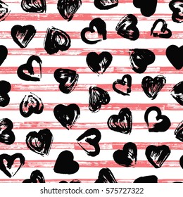 Valentine's Day background. Grunge brush strokes Hearts and Stripes Seamless pattern. Love. 