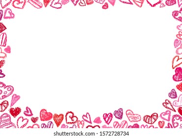 Valentines day background, Hand drawn chalk and wax crayons style hearts on white backdrop. Red and pink 