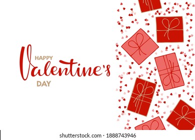Antecedentes del Día de San Valentín. Cajas de regalo de mano, corazones, letras de feliz día de San Valentín. Para banner, volante, tarjeta, afiche. Diseño de vacaciones de febrero. Perfecto para saludos de vacaciones