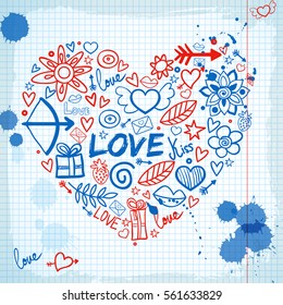 Valentines day background with hand drawn romantic icons heart shape ink stains on paper sheet vector illustration