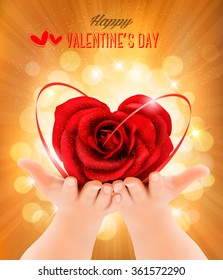 Valentine`s day background. Hands holding heart shaped rose . Vector illustration