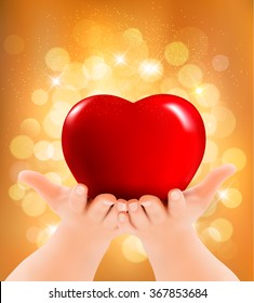 Valentine`s day background. Hands holding red heart. Vector illustration