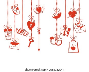 Valentine's day. Background with hanging cute elements. Vector illustration.