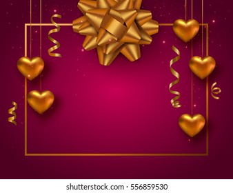 Valentines Day background with hanging gold heart, ribbon, confetti. Vector illustration

