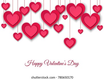 Valentines day  background with hanging  pink  cut paper hearts.  Weeding decoration in flat style. Vector  illustration for  party invitation  flyer, sale  banners,  greeting  card templates.