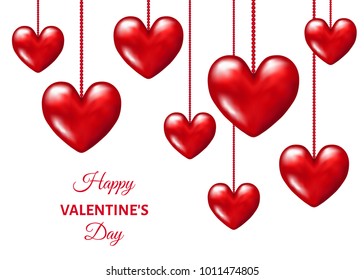 Valentines day  background with  hanging  realistic 3d  red  hearts. Vector  illustration for  party invitation  flyer, sale  banners,  greeting postcard, save the date card templates.