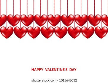 Valentines day  background with  hanging  realistic 3d  red  hearts. Vector  illustration for  party invitation  flyer,  banners,  greeting  card templates.