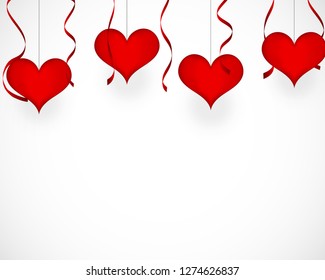 Valentines day background with hanging red hearts, ribbons, on white isolated background. Vector eps 10.