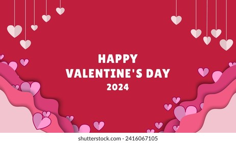 Valentines day background. Happy valentines day greeting. Paper cut clouds with hanging hearts. Vector illustration. Used for banner ,greeting card or presentation background.