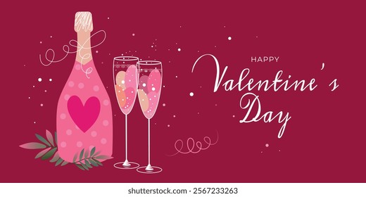 Valentines day background. Happy valentine's day text with romantic elements like champagne and glasses. Vector illustration.	