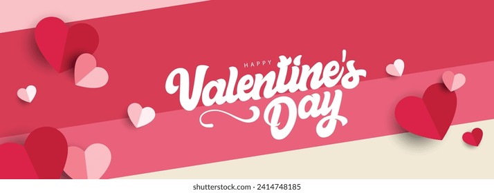 Valentine's Day background or header design with a paper-cut heart pattern. Calligraphy or Typography text of Happy Valentine's Day. Vector Illustration.