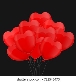 Valentine's day background with heart balloons. Vector illustration. Bunch of red balloons. Festive background for Mothers day or Womans Day. Valentine's day illustration isolated on black background