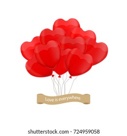 Valentine's day background with heart balloons with sign Love is everywhere. Vector illustration. Bunch of red balloons. Valentine's day illustration isolated on white background