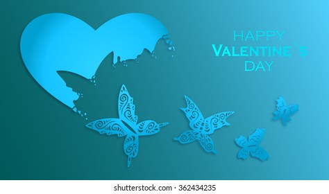 Valentines Day background with heart, butterflies, origami, paper.