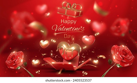 Valentine's day background with heart chocolate in open gift box and gold ribbon elements with glitter light effects decorations and bokeh.