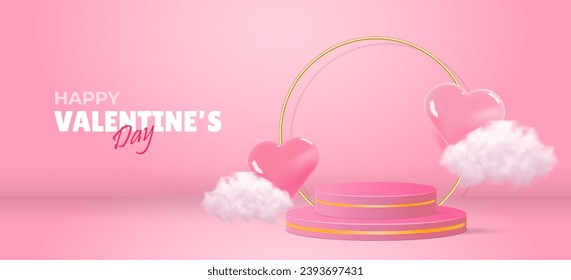 Valentines day background Valentines day background with Heart and cloud. Vector valentines day with 3d cylinder pedestal podium with gold, heart and cloud. Realistic Vector Illustration