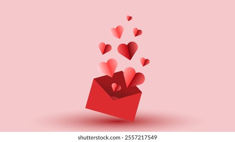 Valentine's day background with a heart coming out of an envelope in paper craft style. Suitable for poster, banner, web, presentation, invitation card, photo frame