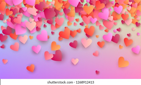 Valentine's Day Background. Heart Confetti Pattern. Banner Template. Many Random Falling Beautifull Hearts on Hologram Backdrop. Vector Valentine's Day Background.