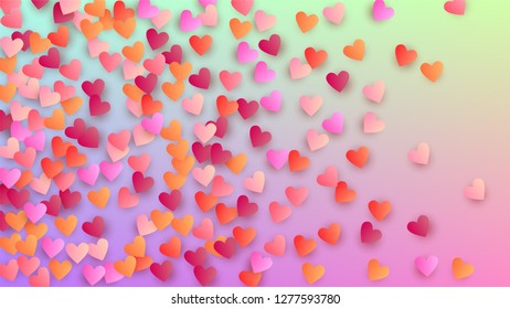 Valentine's Day Background. Heart Confetti Pattern. Poster Template. Many Random Falling Purple Hearts on Hologram Backdrop. Vector Valentine's Day Background.