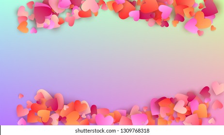 Valentine's Day Background. Heart Confetti Pattern. Many Random Falling Pink Hearts on Hologram Backdrop. Flyer Template. Vector Valentine's Day Background.