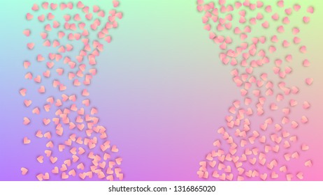 Valentine's Day Background. Heart Confetti Pattern. Many Random Falling Pink Hearts on Hologram Backdrop. Card Template. Vector Valentine's Day Background.