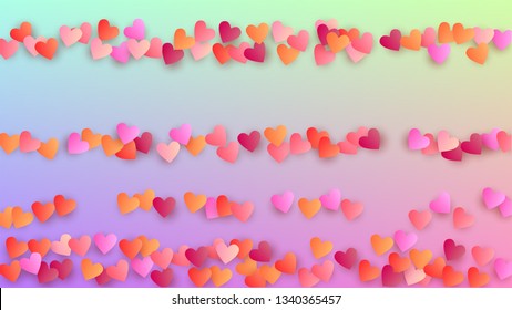 Valentine's Day Background. Heart Confetti Pattern. Many Random Falling Purple Hearts on Hologram Backdrop. Invitation Template. Vector Valentine's Day Background.