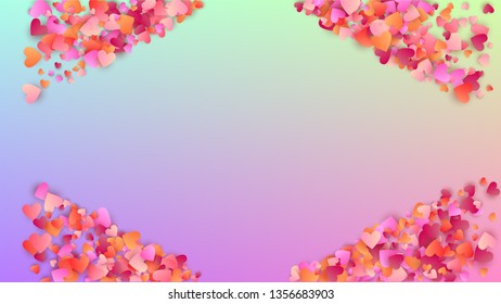 Valentine's Day Background. Heart Confetti Pattern. Many Random Falling Purple Hearts on Hologram Backdrop. Flyer Template. Vector Valentine's Day Background.