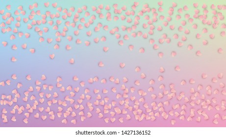 Valentine's Day Background. Heart Confetti Pattern. Many Random Falling Purple Hearts on Hologram Backdrop. Card Template. Vector Valentine's Day Background.