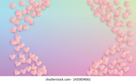 Valentine's Day Background. Heart Confetti Pattern. Many Random Falling Purple Hearts on Hologram Backdrop. Flyer Template. Vector Valentine's Day Background.