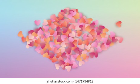 Valentine's Day Background. Heart Confetti Pattern. Invitation Template. Many Random Falling Purple Hearts on Hologram Backdrop. Vector Valentine's Day Background.
