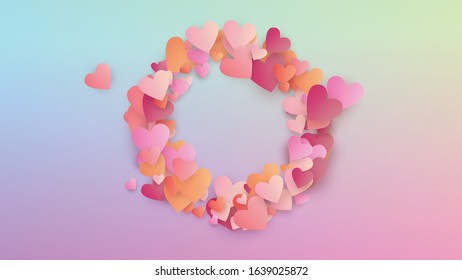Valentine's Day Background. Heart Confetti Pattern. Many Random Falling Pink Hearts on Hologram Backdrop. Flyer Template. Vector Valentine's Day Background.