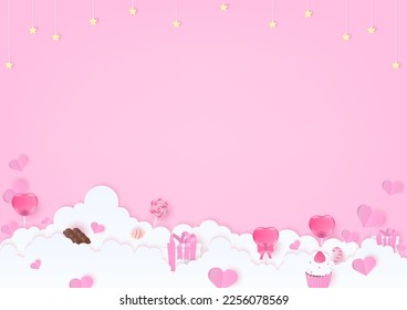 Valentine's day background. Heart, gift box, and dessert on a cloud. Paper art style.