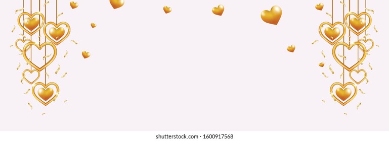 Valentines day background with heart gold Hang on white background.  Wallpaper, flyers, Greeting card, invitation, posters, brochure, banners. vector illustration in style Realistic Design.