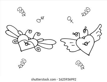 Valentines day background with heart,  illustration Continuous line drawing two hearts embracing Love symbol romantic design Vector