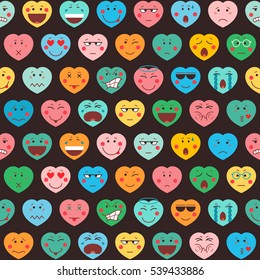 Valentines day background with heart on black background. Seamless pattern with colorful kawaii emoji hearts. Vector illustration.