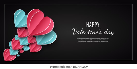 Valentine's day background. Heart paper cut pink and blue minimalistic on black background with copy space for text. Vector illustration