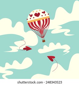 Valentine's Day background with heart paper planes and air balloon.