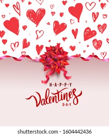 Valentines day background with heart pattern and hand draw of happy valentines day text. Wallpaper, flyers, invitation, posters, brochure, banners. Vector illustration. Isolated on white background.