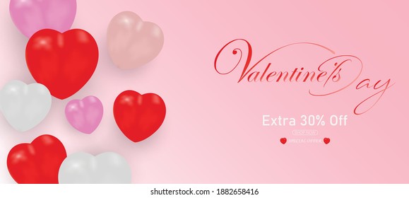 Valentines day background with heart pattern and typography of happy valentines day text . Realistic balloons. Vector illustration for Wallpaper, flyers, invitation, posters, brochure, banners.