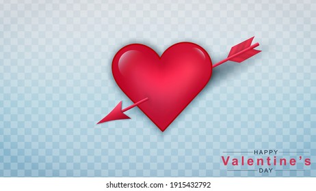 Valentines Day background with heart pattern and typography Happy Valentines Day text on transparency background. Vector illustration. Romantic quote postcard. Heart pierced by an arrow.