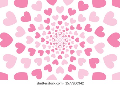 Valentines day background. Heart patterns are arranged in a spiral on a white background.