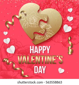 Valentines Day background with heart puzzle, gold ribbon.  Vector illustration.
