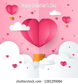 Valentine's day background of heart shape hot air balloons and Happy Valentine's Day text on pink sky with white clouds and many tiny hearts. Concept of love and valentines day in paper art style.