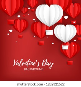 Valentine's day background of heart shape hot air balloons couple in white color on red background with many heart shape hot air balloons in red color, tiny white hearts and your copy space.