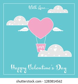 Valentine's day background of heart shape hot air balloon with wings and With Love and Happy Valentine's Day text on blue sky with cute clouds and white frame. Concept of love and Valentines day. 