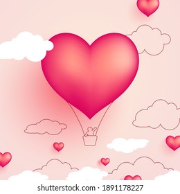 Valentines day background with heart shape hot air balloon and a boy saying happy valentines day. Vector illustration. Wallpaper, flyers, invitation, posters, brochure, banners.