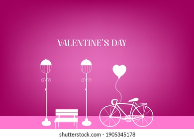 fondo del día de San Valentín con globo de forma cardíaca, ciclo, banco, luces de calle y tipografía de feliz día de San Valentín texto . Ilustración vectorial. Papel de escritorio, volantes, invitación, carteles, folleto, 
