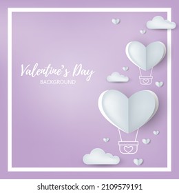 Valentine's day background of heart shape hot air balloons with lined pattern and many tiny hearts on light purple background for your copy space. Concept of love and Valentine day in paper art style.