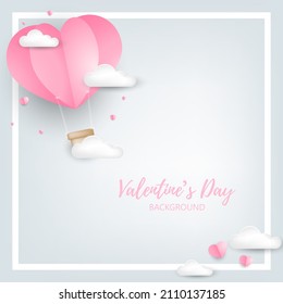Valentine's day background of heart shape hot air balloon with tiny hearts on light gray background for your copy space. Concept of love and Valentine day in paper art style.